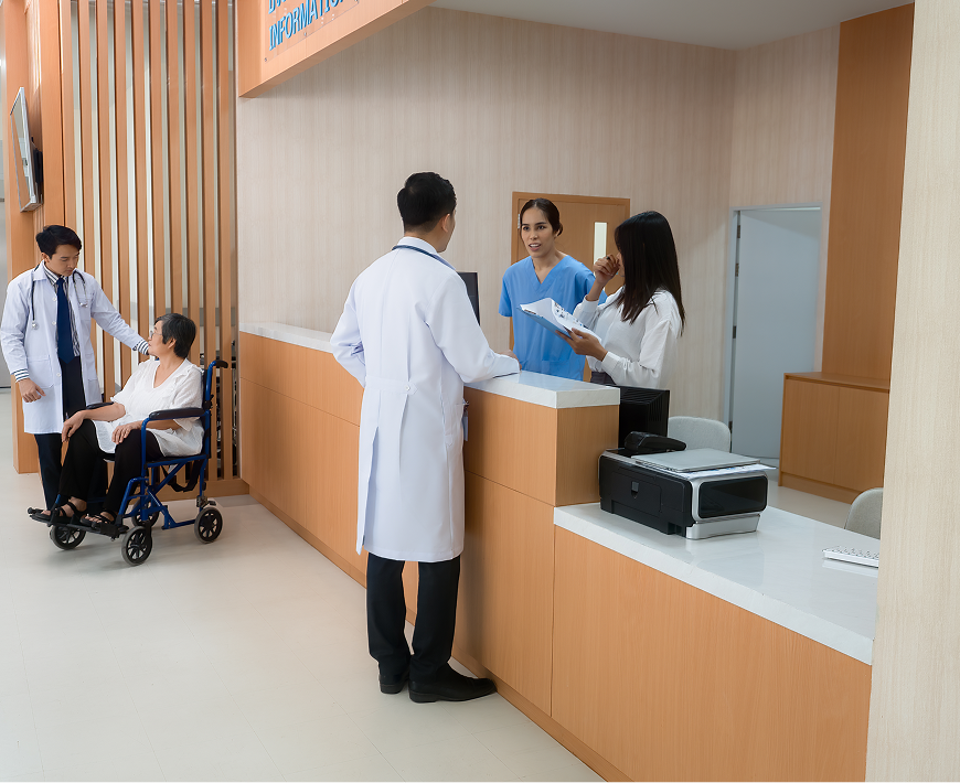 Doctors and nurses at hospital reception