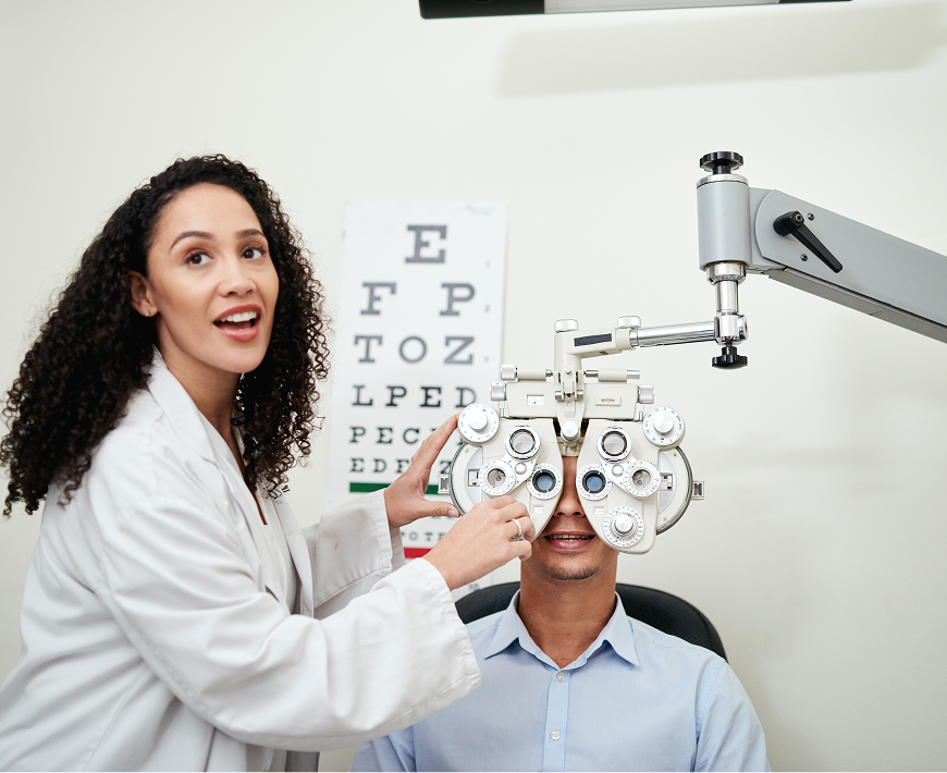 Patient undergoing eye examination with optometrist