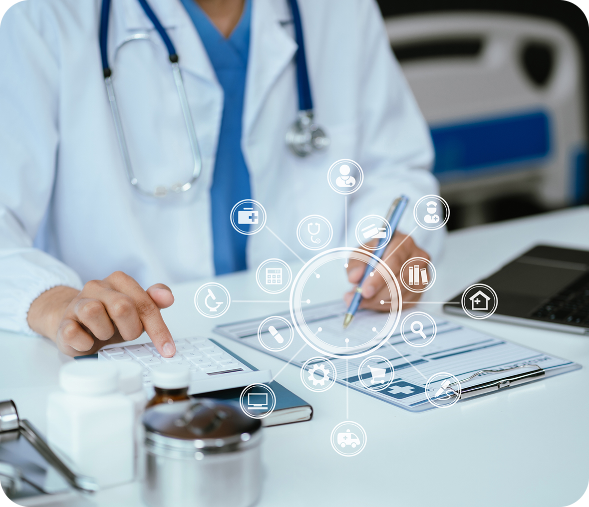 Medical professional with digital icons overlay