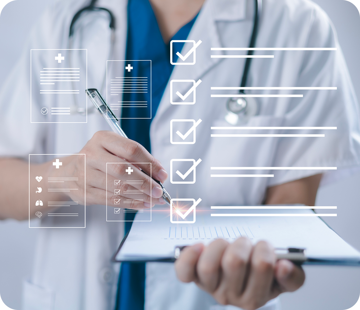 Doctor writing on checklist clipboard